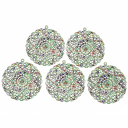 430 Stainless Steel Pendants, Spray Painted, Etched Metal Embellishments, Flower Pattern, Flat Round