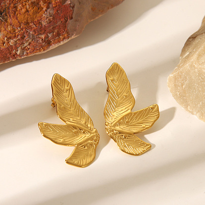 Модные 304 серьги-гвоздики из нержавеющей стали в форме листа для женщин, реальный 18 k позолоченный