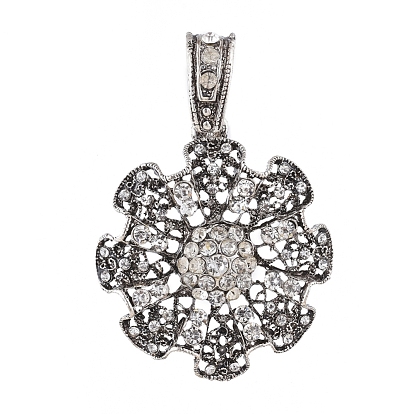 Antique Silver Plated Alloy Big Pendants, with Rhinestone, Flower