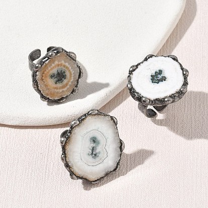Anillos tipo brazalete de ágata drusa de girasol natural y latón para mujer, pepitas, plata antigua