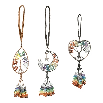 3 шт. 3 стили медная проволока, обернутая в чакру, натуральный драгоценный камень с подвеской в виде дерева жизни, подвесные украшения с кисточками, слеза, сердце и луна