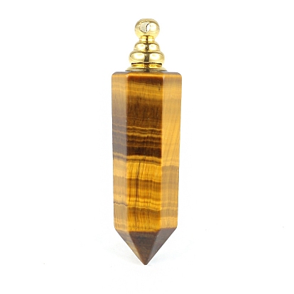 Gemstone Openable Perfume Bottle Pendants, Faceted Pointed Bullet Perfume Bottle Charms with Golden Plated Metal Cap