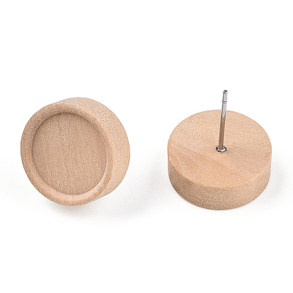 Natural Maple Wood Stud Earring Findings with 316 Stainless Steel Pin, Flat Round Earring Settings