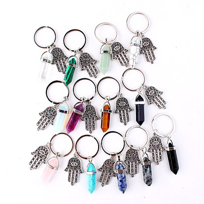 Alloy Hamsa Hand/Hand of Miriam Pendant Keychain, with Natural & Synthetic Gemstone Bullet/Hexagon Prism Pendant