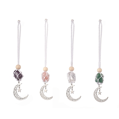 Moon 201 Stainless Steel Pendant Decorations, Wood Beads and Gemstones Nuggets Beads Nylon Thread Hanging Ornament