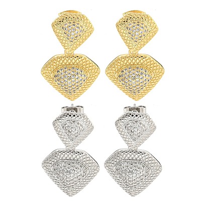 Серьги-гвоздики с подвесками из латуни и прозрачного кубического циркония, ромб