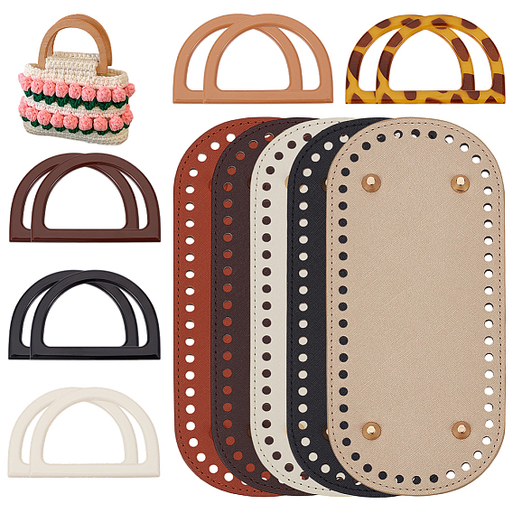 5Pcs 5 Colors PU Leather Oval Bottom, for Knitting Bag, Women Bags Handmade DIY Accessories, with 10Pcs 5 Colors Resin Bag Handles, Half Round