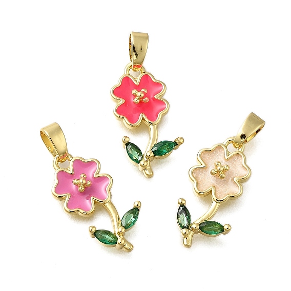 Латунные микро проложить кубического циркония подвески, с эмалью, долговечный, без свинца и без кадмия, цветочный шарм, реальный 18 k позолоченный, стойки покрытие