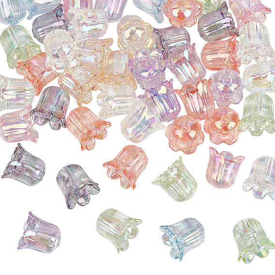 60pcs perles acryliques transparentes de placage uv, de couleur plaquée ab , fleur
