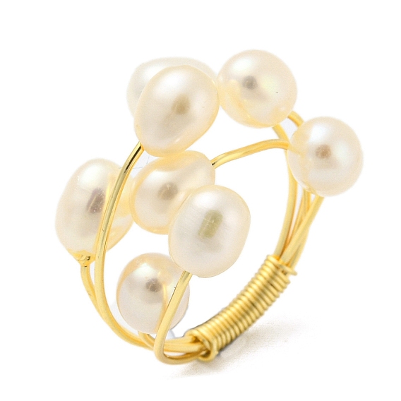 Natural Pearl Beaded Finger Ring, Brass Wire Wrap Finger Ring