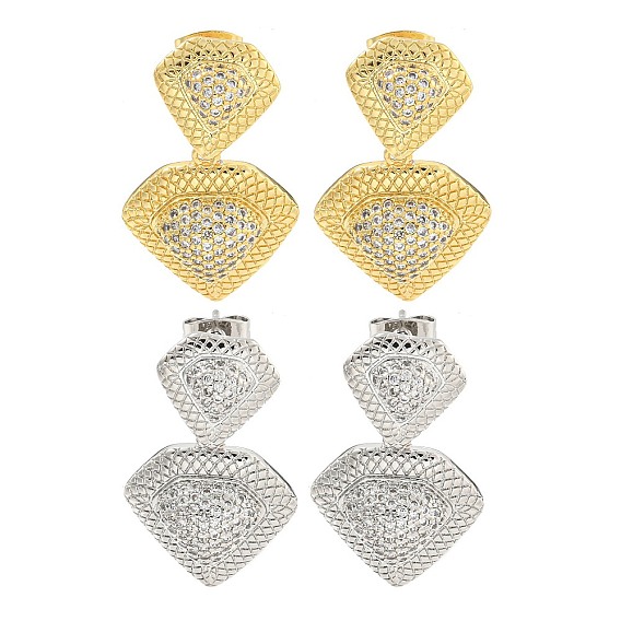 Серьги-гвоздики с подвесками из латуни и прозрачного кубического циркония, ромб