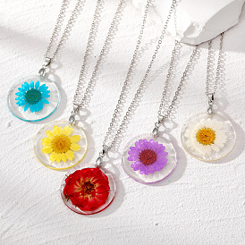 Daisy Dried Flower Necklace - Transparent Resin Pendant Sweater Chain.