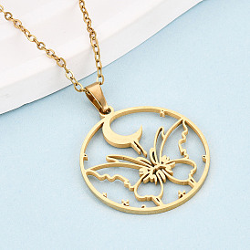 304 подвесные из нержавеющей стали ожерелья, кольцо с бабочкой и луной, ионное покрытие (ip)