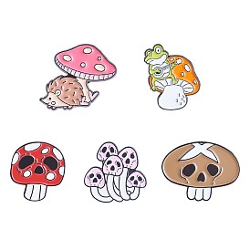 5Pcs 5 Style Skull Mushroom & Hedgehog & Frog Enamel Pins, Electrophoresis Black Alloy Badges for Backpack Clothes