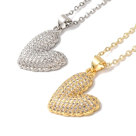 Brass Micro Pave Clear Cubic Zirconia Cable Chain Heart Pendant Necklaces for Women