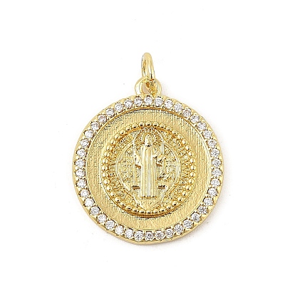 Латунные микро проложить кубического циркония подвески, плоские круглые с святым Бенедиктом, стойки покрытие, долговечный, без свинца и без кадмия, с целью перехода в кольце