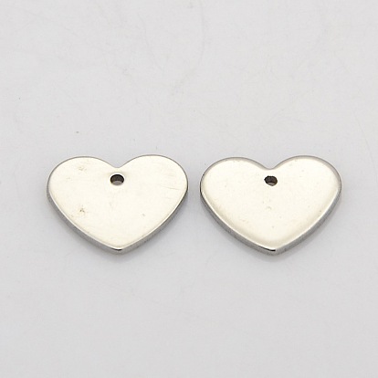 Corazón 304 acero inoxidable estampado encantos de etiqueta en blanco, 11x12x1 mm, agujero: 0.5 mm