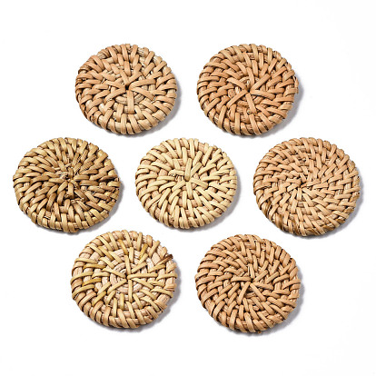 Handmade Reed Cane/Rattan Woven Beads, For Making Straw Earrings and Necklaces, No Hole/Undrilled, Flat Round