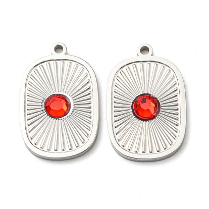 304 Stainless Steel Pendants, with Red Glass, Rectangle Charms