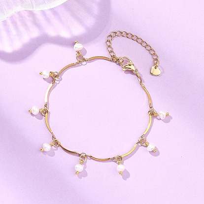 Браслеты с подвесками из натурального культивированного пресноводного жемчуга, 304 Браслеты из нержавеющей стали с изогнутыми звеньями для женщин