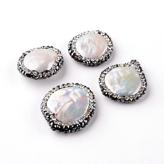 Natural Shell Beads, with Polymer Clay Rhinestone, 19~24x16~20x4~6mm, Hole: 0.5mm