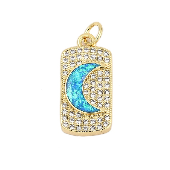 Латунные микро проложить кубического циркония подвески, с синтетическим опалом и переходным кольцом, долговечный, стойки покрытие, без свинца и без кадмия, прямоугольник с лунным шармом