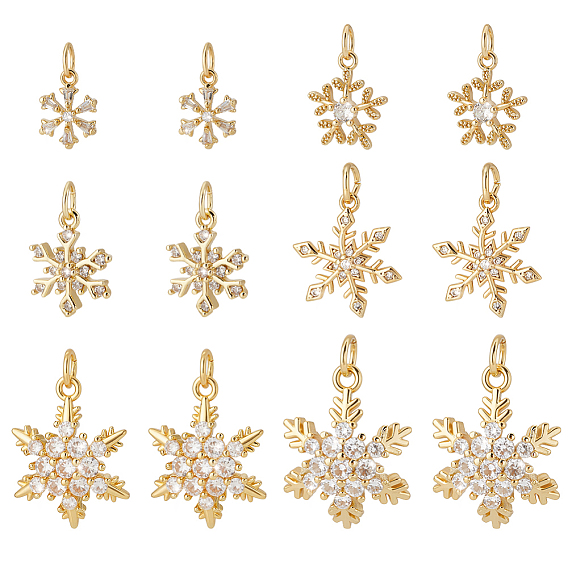 12 шт 6 стили латунные микропаве прозрачные кубические циркониевые подвески, снежинка, на Рождество, с целью перехода в кольце
