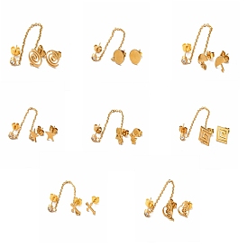 PVD Vacuum Plating 304 Stainless Steel Dangle Chains Stud Earrings, Asymmetrical Earrings for Women, Golden