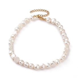 Natural Cultured Freshwater Pearl Beaded Anklets, Two Sides Polished, with Golden Plated 304 Stainless Steel Lobster Claw Clasps