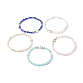 Glass Beads Stretch Bracelets, with Acrylic & Brass Beads, Flat Round with Heart Pattern