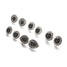 5 Pairs 5 Style Half Round & Teardrop & Flat Round Glass Stud Earrings, Alloy Jewelry for Women