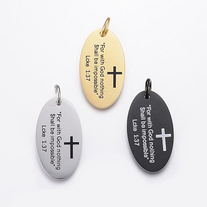304 Stainless Steel Bible Verse Pendants, Oval with Word For God Nothing Shall Be Impossible Luke 1:37