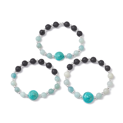 8mm Round Natural Lava Rock & Amazonite Beaded Stretch Bracelets, Summer Beach Dyed Natural Shiva Eye Shell Bracelets for Women Men