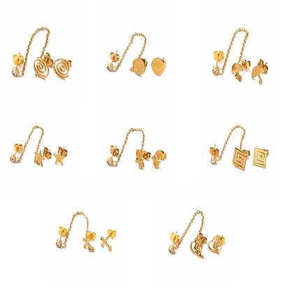 Vacuum Plating 304 Stainless Steel Dangle Chains Stud Earrings, Asymmetrical Earrings for Women, Golden
