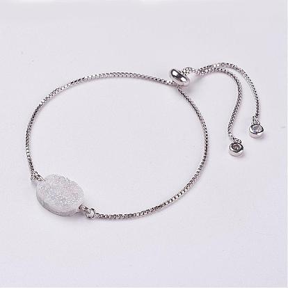 Electroplated Natural Druzy Quartz Crystal Slider Bracelets, Bolo Bracelets, with Brass Chains