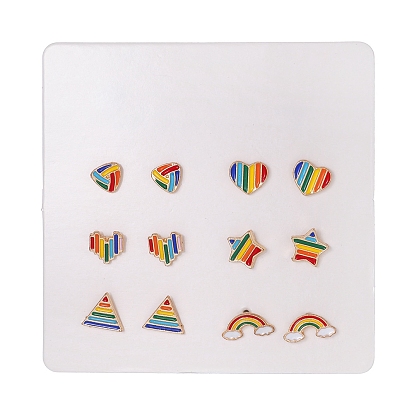 6 Pairs 6 Style Rainbow Pride Flag Alloy Enamel Stud Earrings, Star & Rainbow & Heart