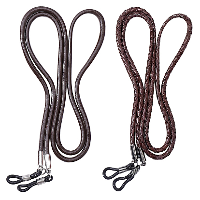 2Pcs 2 Styles Cowhide Neck Strap for Eyeglasses, Eyeglasses Lanyard with Rubber Loops Ends
