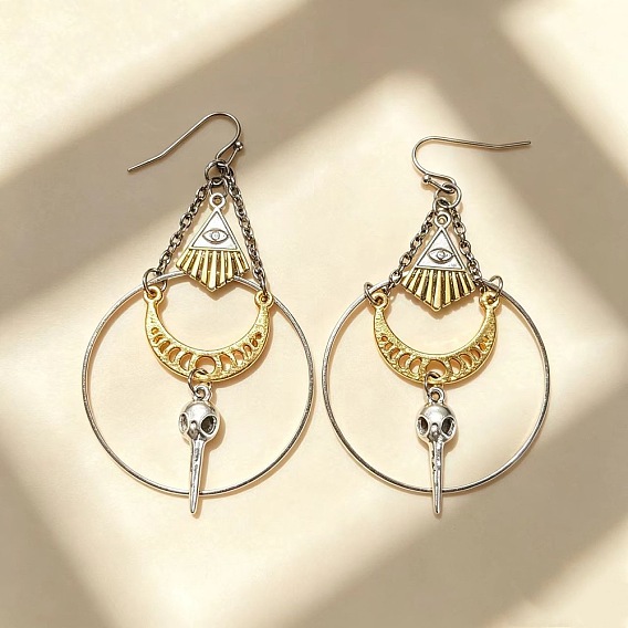 Alloy Dangle Earrings, Raven Skull with Moon Phase
