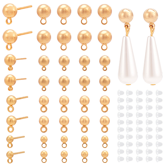 40шт 4 размер стойка покрытие латунь шарик гвоздик серьга штифт, с горизонтальными петлями и пластиковыми гайками 50шт.