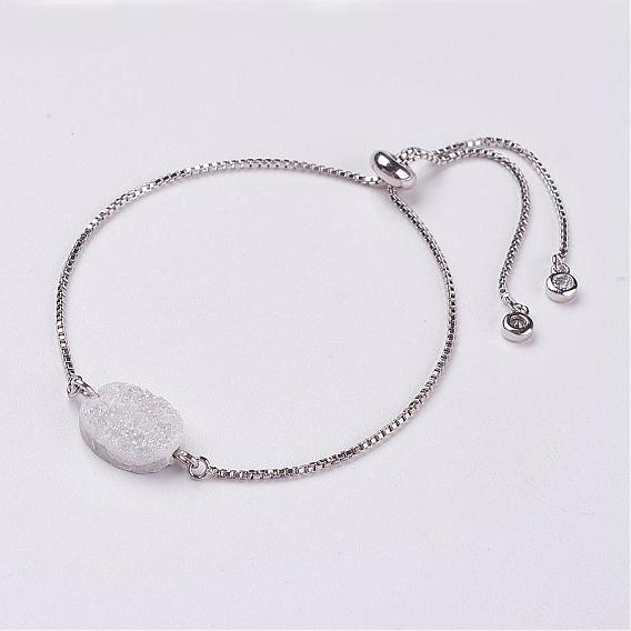 Electroplated Natural Druzy Quartz Crystal Slider Bracelets, Bolo Bracelets, with Brass Chains