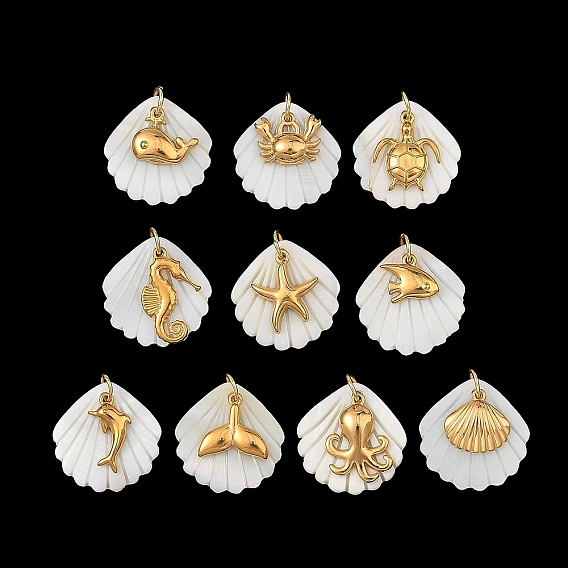 Ocean Theme Natural Freshwater Shell & 304 Stainless Steel Pendants, Shell Shape with Marine Animal Charms, with 304 Stainless Steel Open Jump Rings