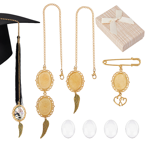 2шт. 2 стили подвесных украшений в виде крыльев из сплава с овальной подставкой, 1 Железная брошь с подвесками в виде сердечек и 4 прозрачными стеклянными кабошонами