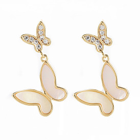 Brass Micro Pave Clear Cubic Zirconia Dangle Stud Earrings, with Natural Shell, Nickel Free, Butterfly, Seashell Color