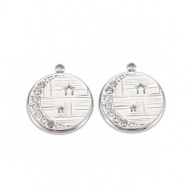 304 Stainless Steel Pendants, with Crystal Rhinestone, Flat Round with Star Charms
