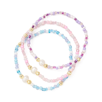 3Pcs 3 Color Natural Pearl & Seed Beaded Stretch Bracelets Set