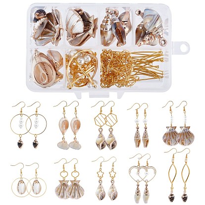 Ensembles de fabrication de boucles d'oreilles sur le thème de la coquille de Sunnyclue DIY, y compris la coquille de galvanoplastie et les pendentifs en acrylique, anneaux de liaison et crochets de boucles d'oreilles, liens en alliage et perles de verre