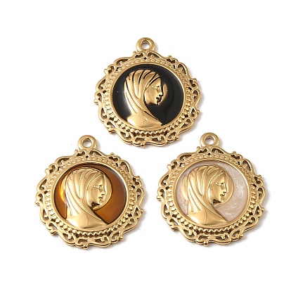 304 нержавеющей стальной эмали подвески, плоский круглый с женскими прелестями, реальный 18 k позолоченный, ионное покрытие (ip)
