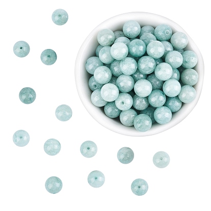 Brins naturels et teints perles malaisie jade, imitation aigue-marine, ronde