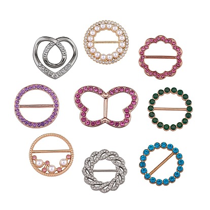 9Pcs 9 Style Alloy Rhinestone Buckles, with Plastic Pearl, Mis-shaped
