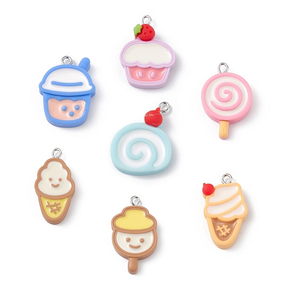 Opaque Resin Imitation Food Pendants, with Platinum Tone Iron Loops, Ice Cream/Lollipop/Milk Tea/Bread